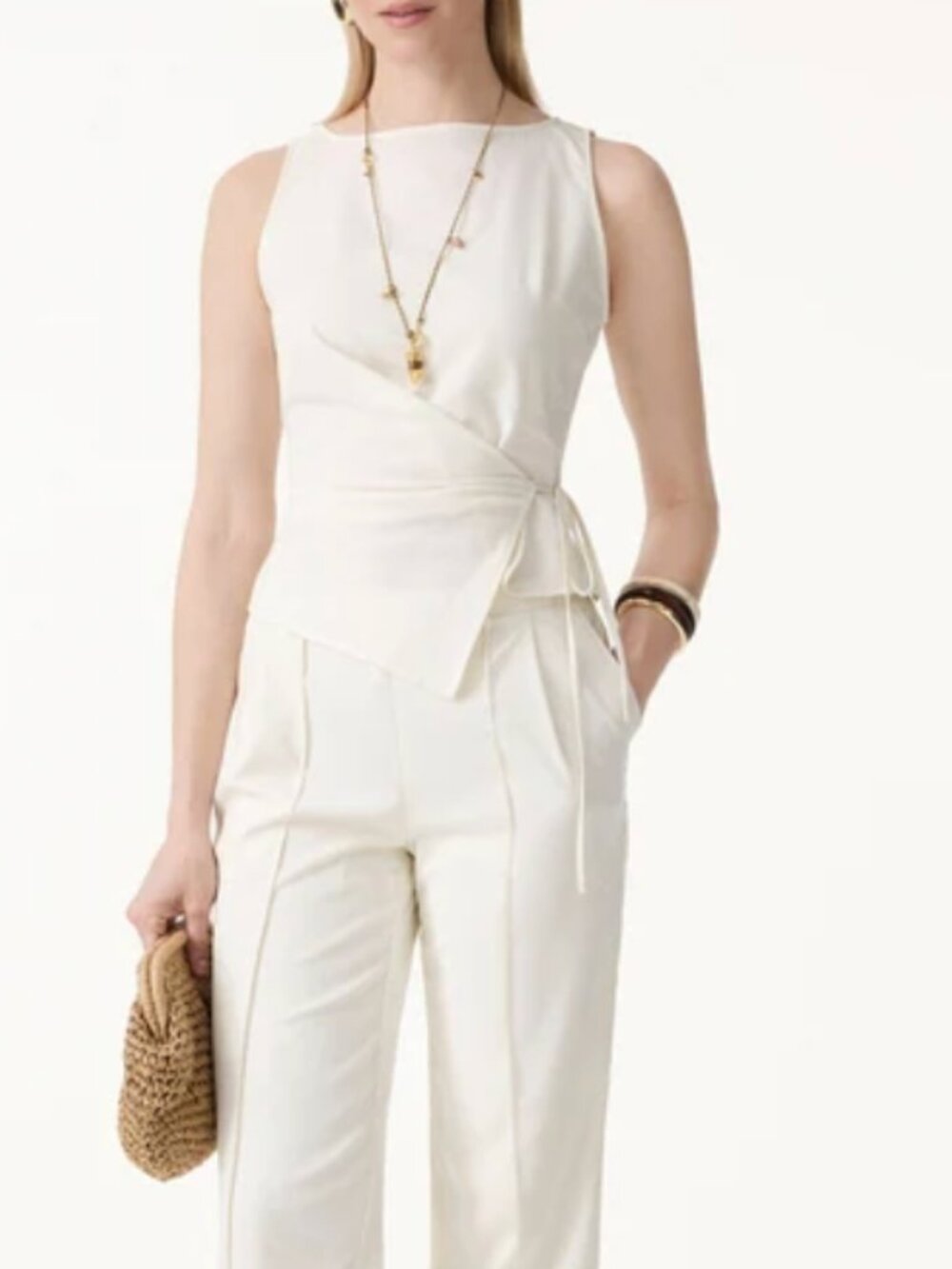 OGL Lyocell-Linen Blend Boatneck Waist-Defined Sleeveless Top NWT